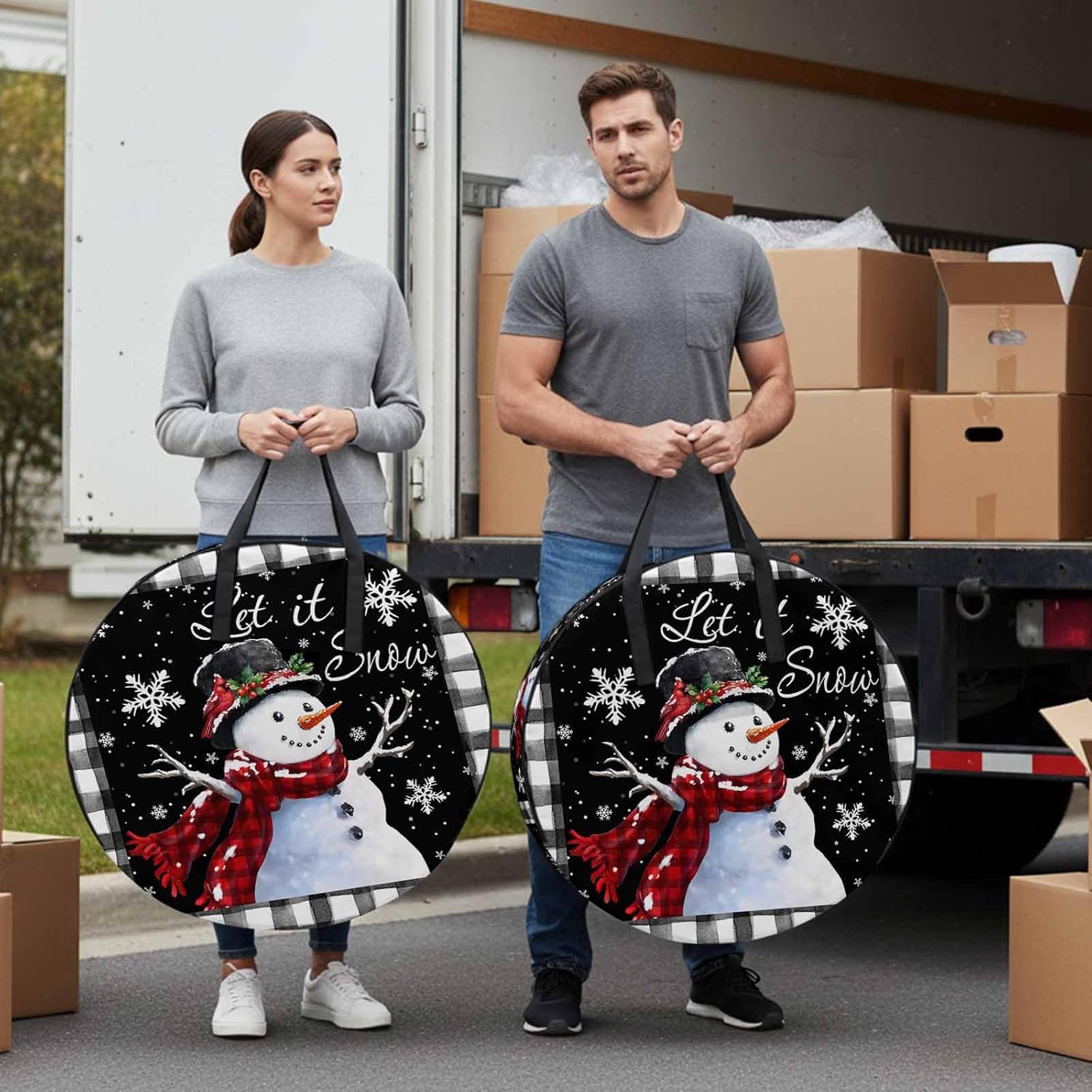 Christmas Snowman Round Storage Bag 36 Inch, Snowflake Berry Black Buffalo Plaid Clothes Storage Container with Handles Heavy Duty Organizer for Comforter, Bedding & Holiday Wreaths
