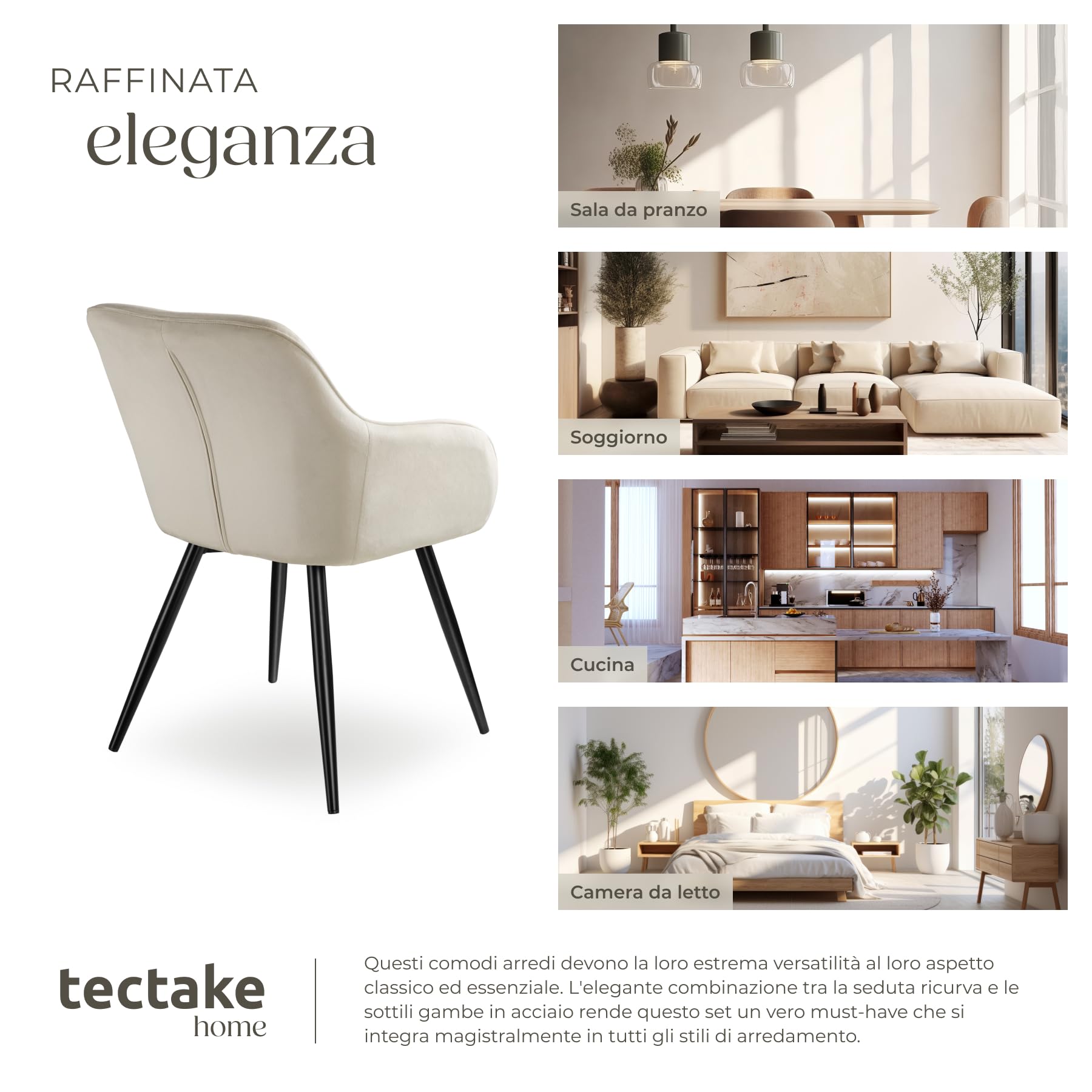 tectake® Set 6 Sedie Sala da Pranzo Effetto Velluto, Sedie Soggiorno con Morbida Imbottitura, Seduta Ergonomica, Poltrone Velluto Versatili, Sedie Design Moderno - Crema/Nero