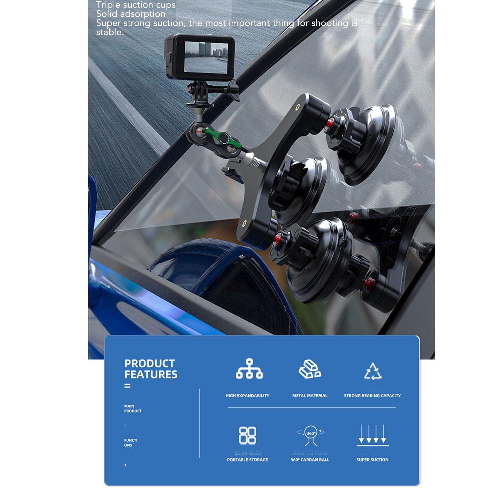 Supporto per videocamera a ventosa per auto, montaggio a tre ventose con testa sferica a 360° e filettatura da 1/4 di pollice, supporto a ventosa ad alta aderenza per action camera