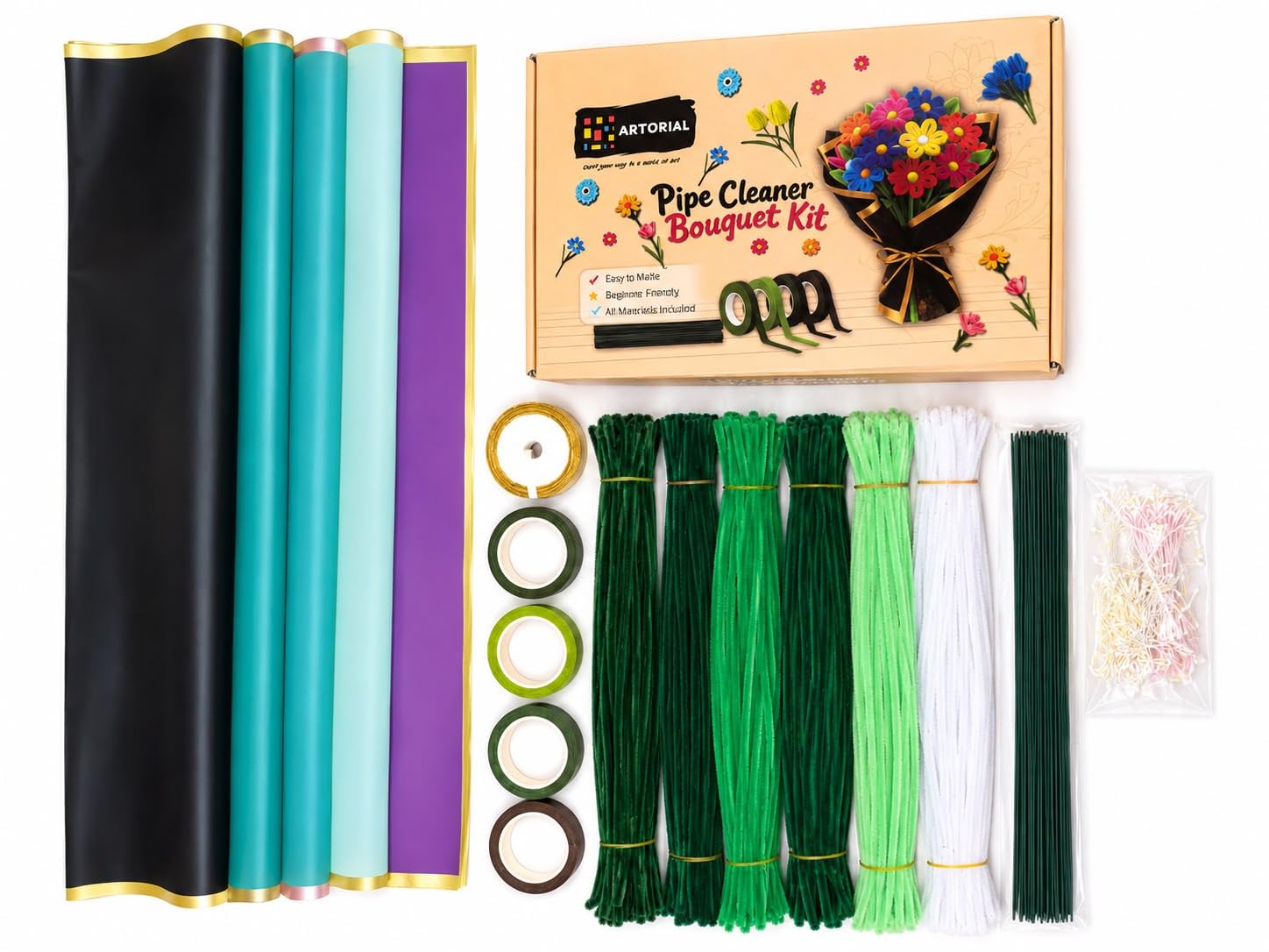 DIY Pipe Cleaner Flower Bouquet Kit | Complete Craft Kit with Pipe Cleaners, Floral Wire, Floral Tape & Wrapping Paper | Beginner Friendly Handmade Flower Making Kit for Kids & Adults-image-12