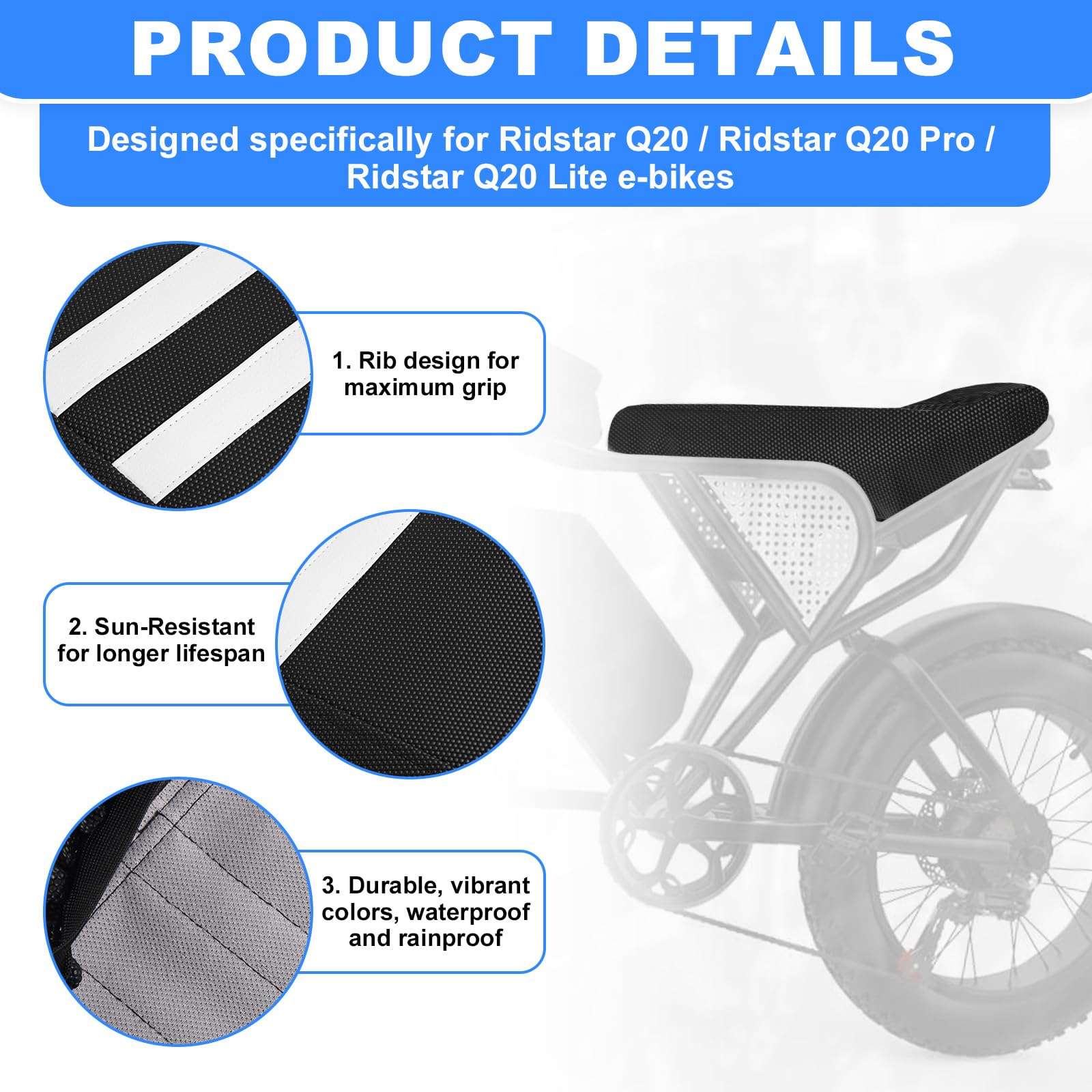 Housse de Selle Vélo Électrique Compatible avec Ridstar Q20/Q20 Pro Lite, Housse de Selle Remplacement Antidérapante et Douce Coussin pour Vélo Électrique Protection Imperméable (Noir et Blanc)