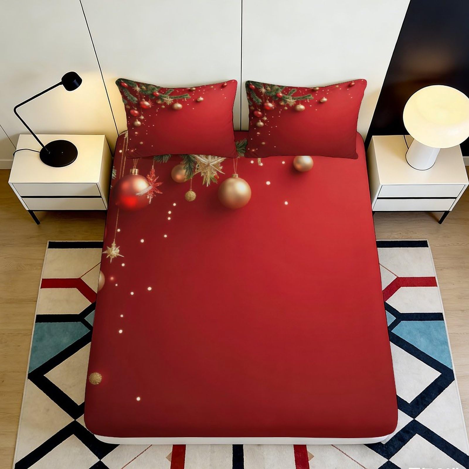 3D Printed Christmas Tree Ornament Fitted Sheet Microfiber Gold Bauble Mattress Cover for Bedroom Guest Room Decor 90x200x25cm