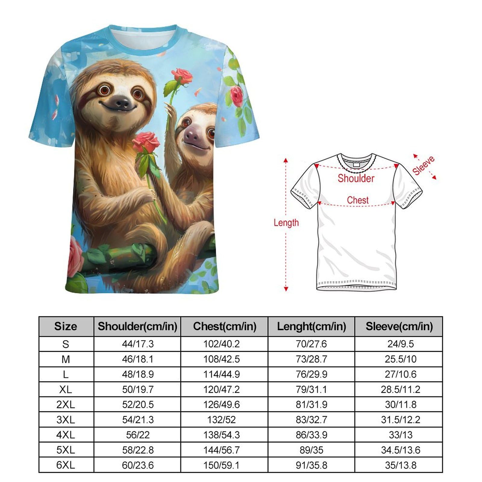 Cute Sloths & Flowers Unisex Adult T-Shirts Summer Short Sleeve Tee Casual Tops Funny Graphic XL