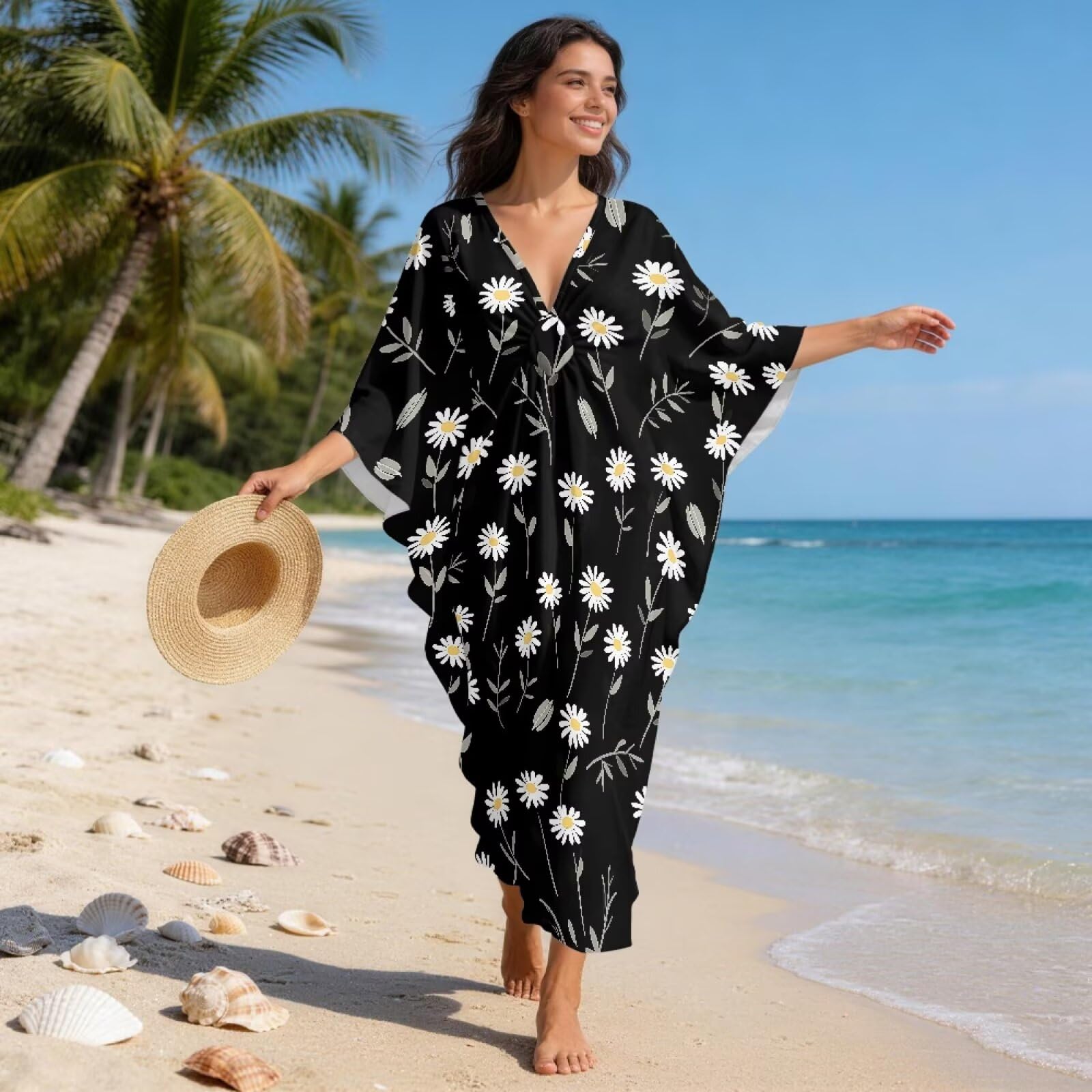 Caftano da donna, taglie forti, con scollo a V, abito da spiaggia, leggero, morbido, copricostume da bagno per il tempo libero