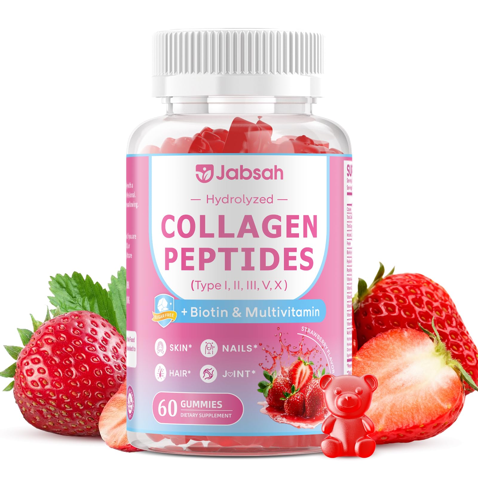 Collagen Gummies for Women & Men, Hydrolyzed Collagen Peptides (Type I, II, III, V, X) with Biotin, Hyaluronic Acid, MultiVitamins, Supports Healthy Skin, Thick Hair &Strong Nails, Sugar Free, 60Cts 60 Count (Pack of 1)
