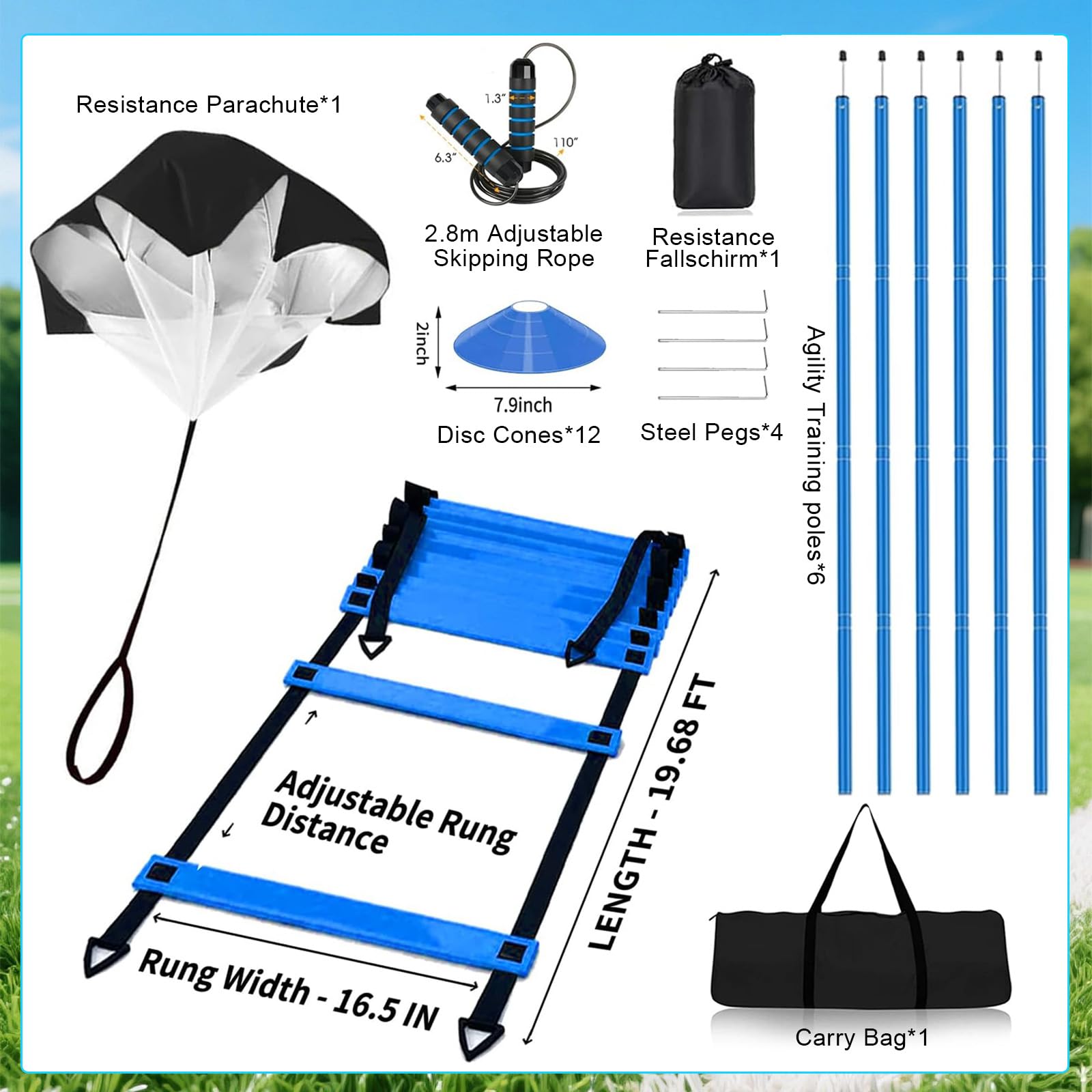 Entrainement Football Kit, Ensemble d'entraînement d'agilité de Vitesse, Avec Échelle de Rythme 6 M, 10 Cônes de Disque, Parachute de Course, Bâton D'entraînement Agile, pour Enfants et Adultes