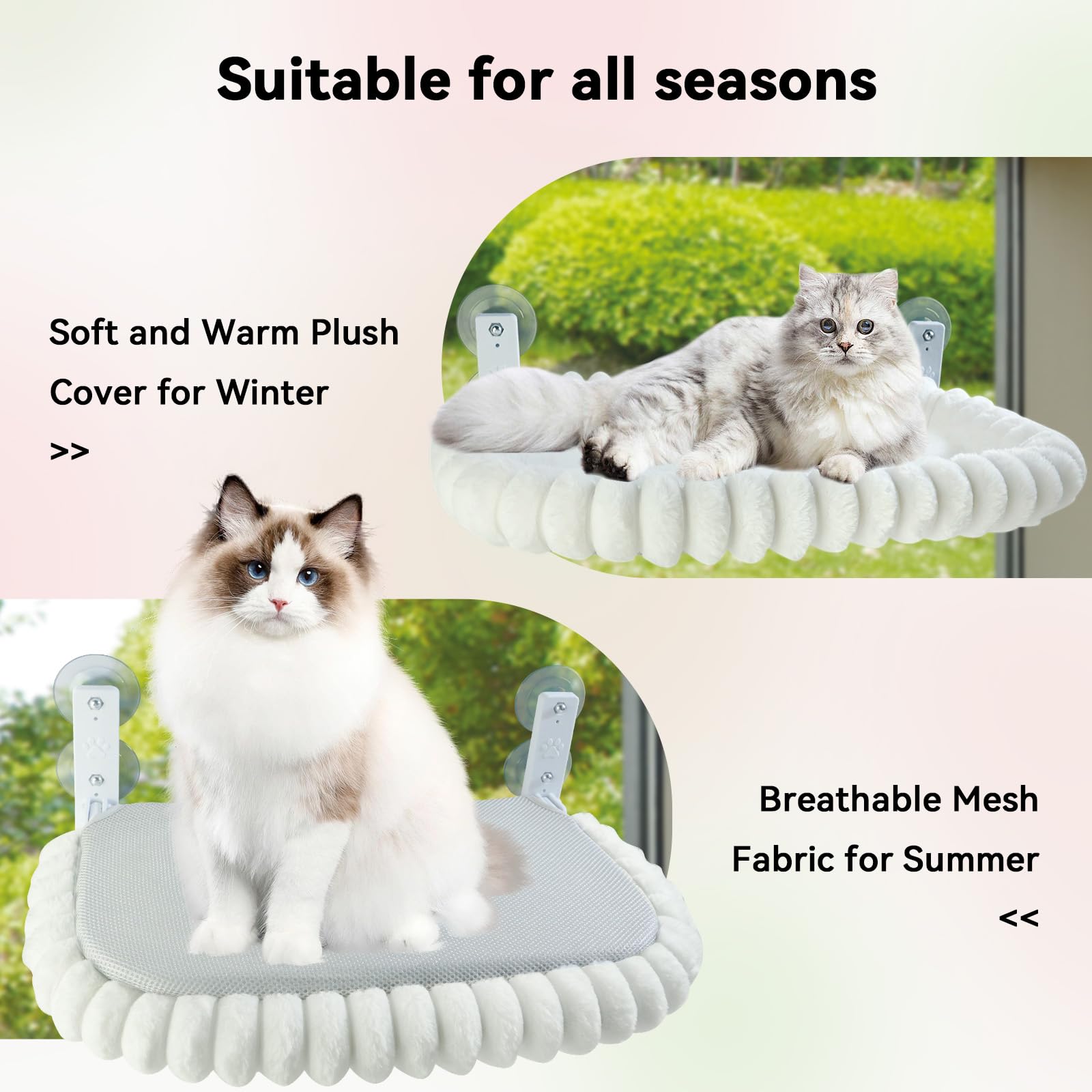 CareCooo Amaca per Gatti da Finestra, Lettino per Gatti con Ventose, Cuccia Gatto Finestra Pieghevole, Morbido Cuscino Lavabile per Riposo e Vista Panoramica, Resistente fino a 18 kg, 52x30cm, Bianco