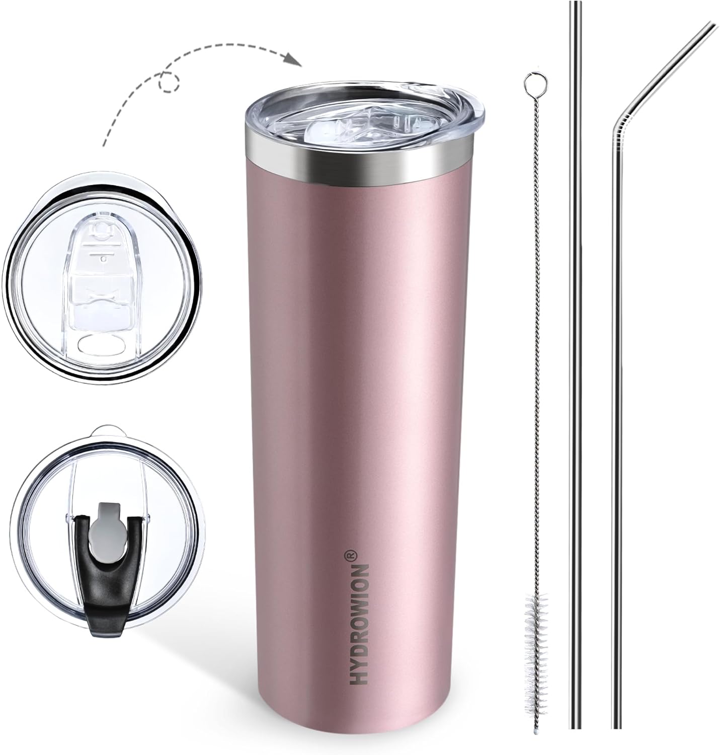 HYDROWION Triple-Insulated Tumblers – Stainless Steel with Lid and Straw, 20 oz Water Bottle, Coffee Cups, Travel Mug for Home & Office Rose Gold