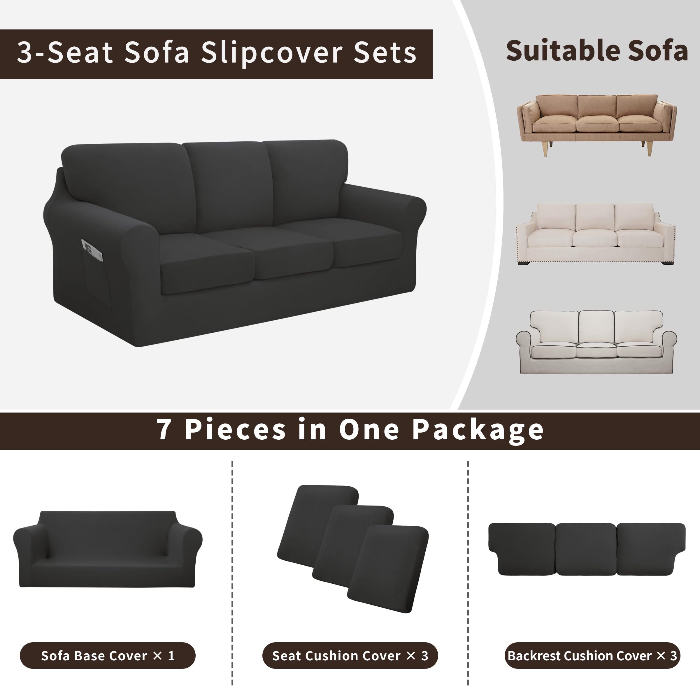 YEBABFIT Easy-Going 7 Pieces Stretch Couch Cover Washable Sofa Cover Set for 3 Backrest and Seat Cushion Couch Anti-Slip Sofa Slipcover Furniture Protector with Elastic Bottom (Large, Dark Grey)