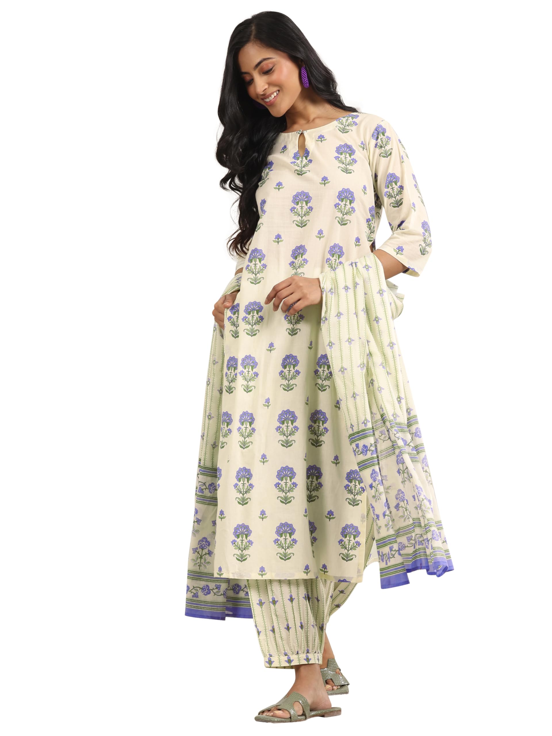 Womens Printed Cotton Straight Kurta With Salwar and Dupatta