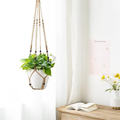 Miniatura 5 de Mkono Juego de 2 colgadores de macramé para plantas de 35 y 43 pulgadas, cesta colgante de yute para interiores con cuentas de madera, soporte