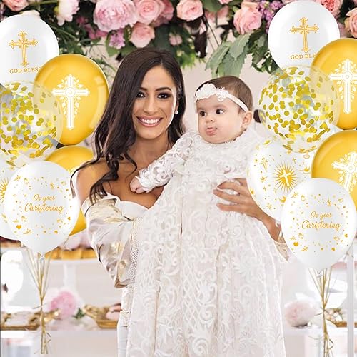Miniatura 2 de ANTING 50 globos dorados de bautismo, incluyendo globos de cruz y paloma, bautizo para bebés y niñas, decoraciones de comunión