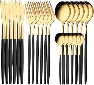 Cutlery Set 24 Peices Stainless Steel Tableware Dinner Mirror Polished Surving for 6 Set of Knives Spoons Forks Kitchen Utensils Tablespoon Skewer Accessories Home & Restaurant (GOLD & BLACK)