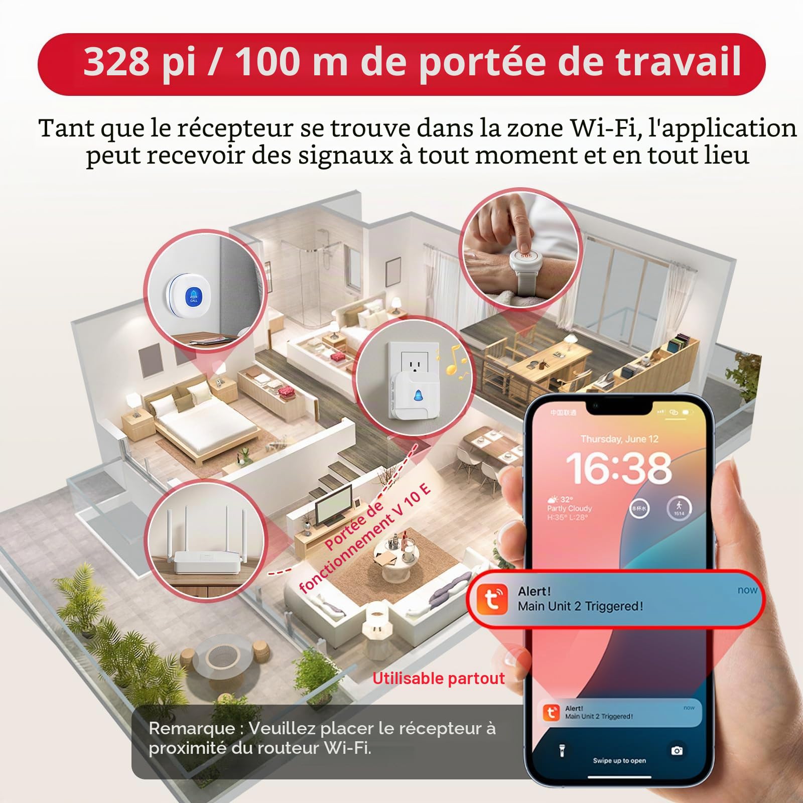 CallToU Collier Alerte pour Personne Âgée WiFi, Alarme Senior avec Notifications Smartphone, Partage Familial Multi-utilisateurs, sans Limite de Distance