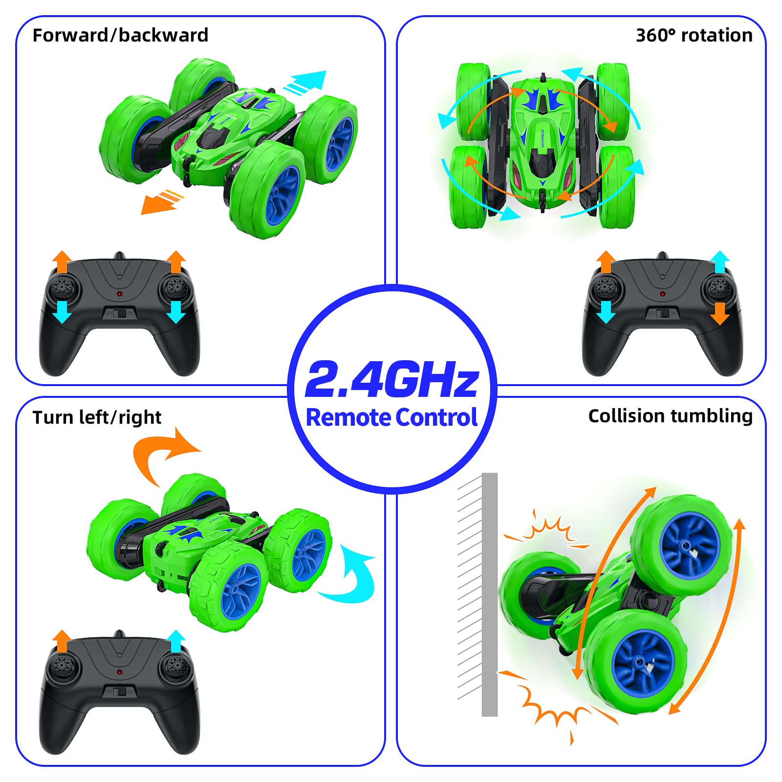 ACAMMZAR RC Voiture Telecommandé Tout Terrain pour Enfants, 2.4GHz 4WD 360° Rotation Stunt Car, Offroad RC Voiture Crawlers avec LED 2 Piles Rechargeables für Enfants Adulte
