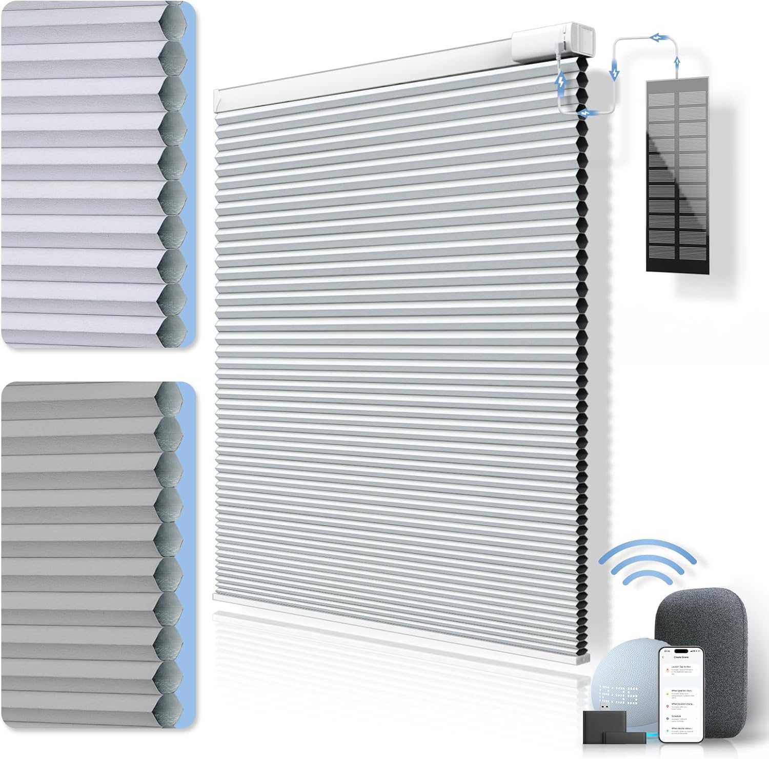 Solar Powered Rechargeable Motorized Blinds【Free Solar Panel】 100% Blackout Cellular Shades with Remote, Cordless Automatic Electric Blinds, 24" Wx64 H, Grey