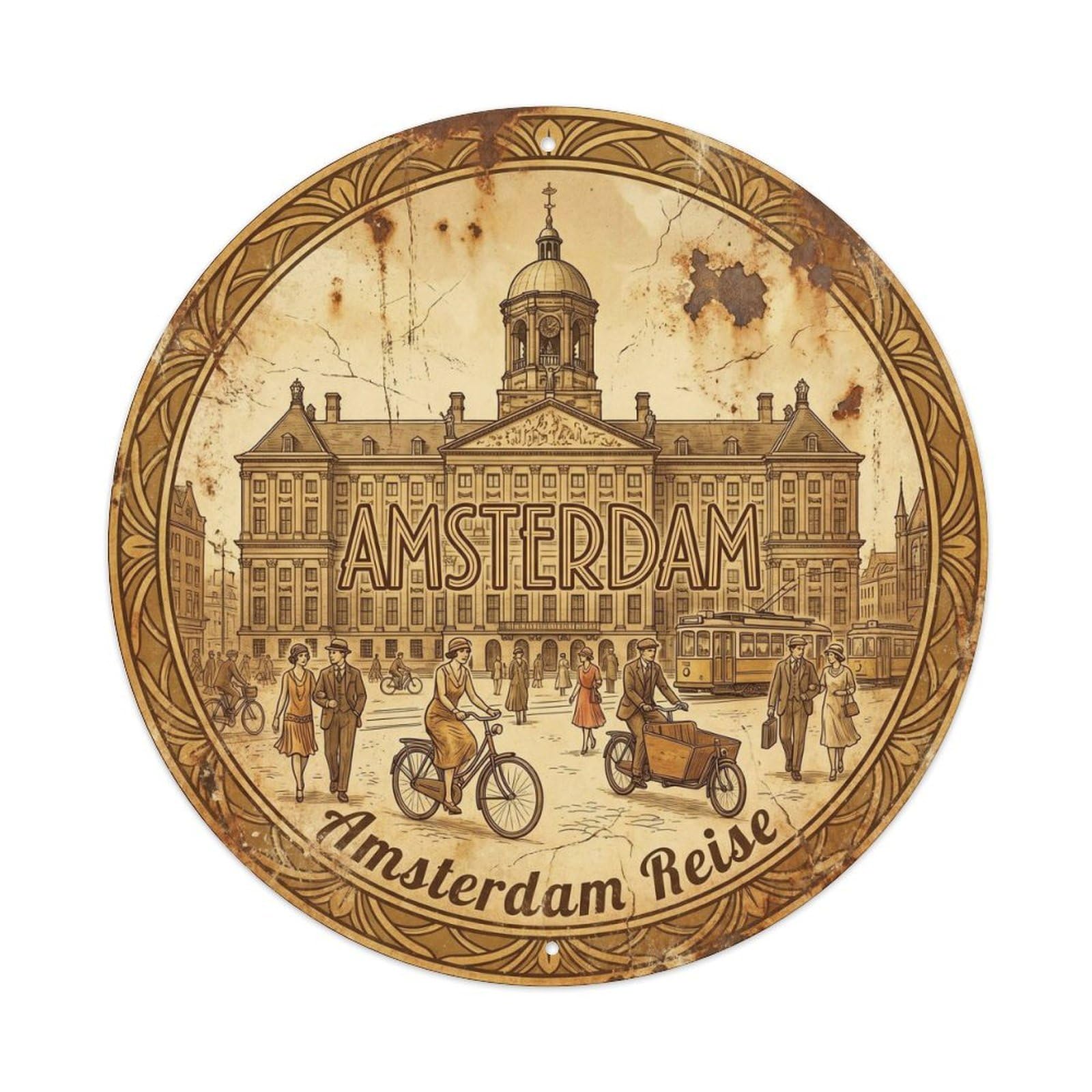 Amsterdam Dam Square Vintage Dutch City Travel Landmark Metal Tin Sign Plaque Wall Decor for Cafe, Man Cave, Club Bar, Office, Home Garden Round Metal Poster 8x8Inch