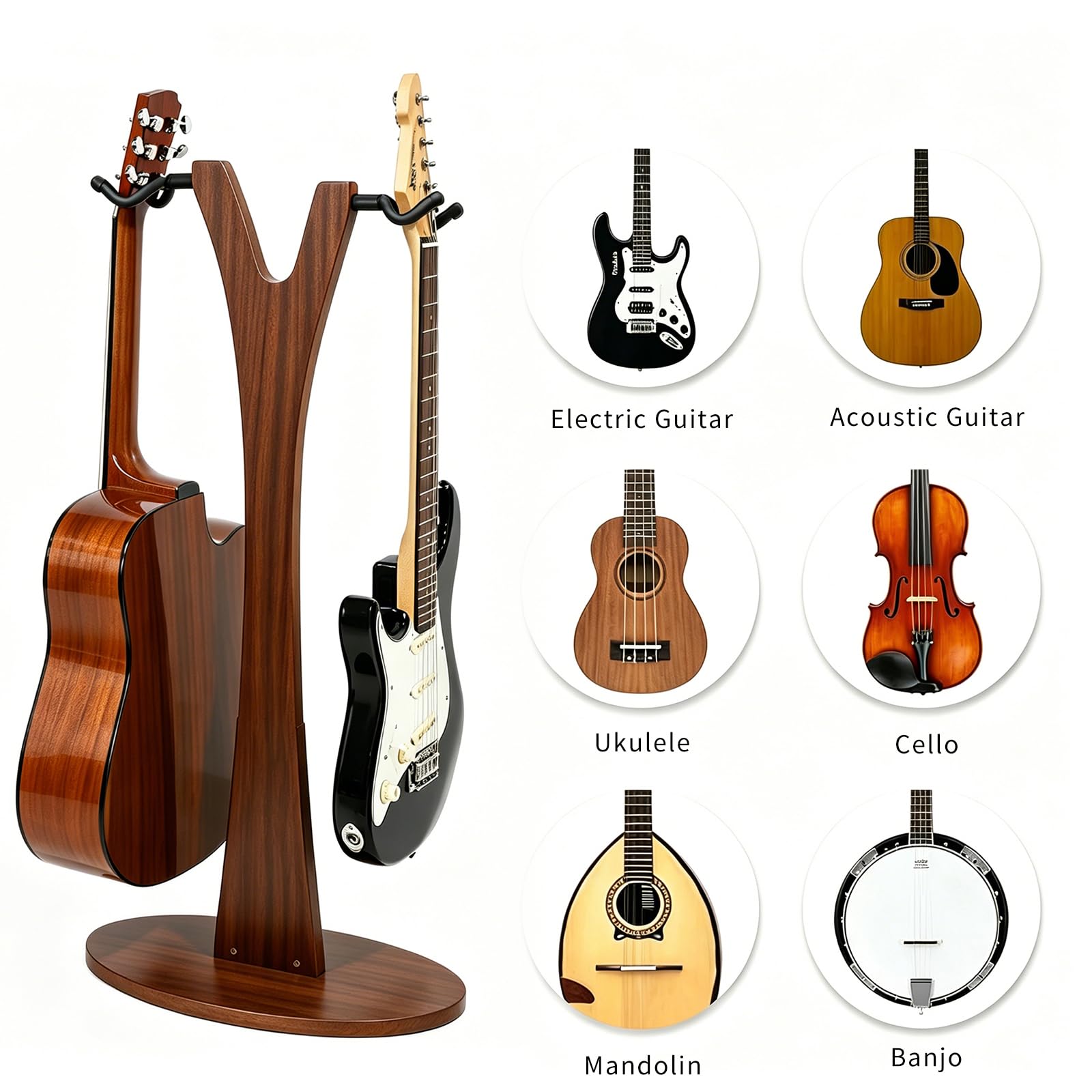 PUNK Soporte doble para guitarra, 2 soportes ajustables para guitarra, 2 soportes para guitarra eléctrica acústica, bajo, soporte de madera para múltiples guitarras, fácil de montar (nogal)