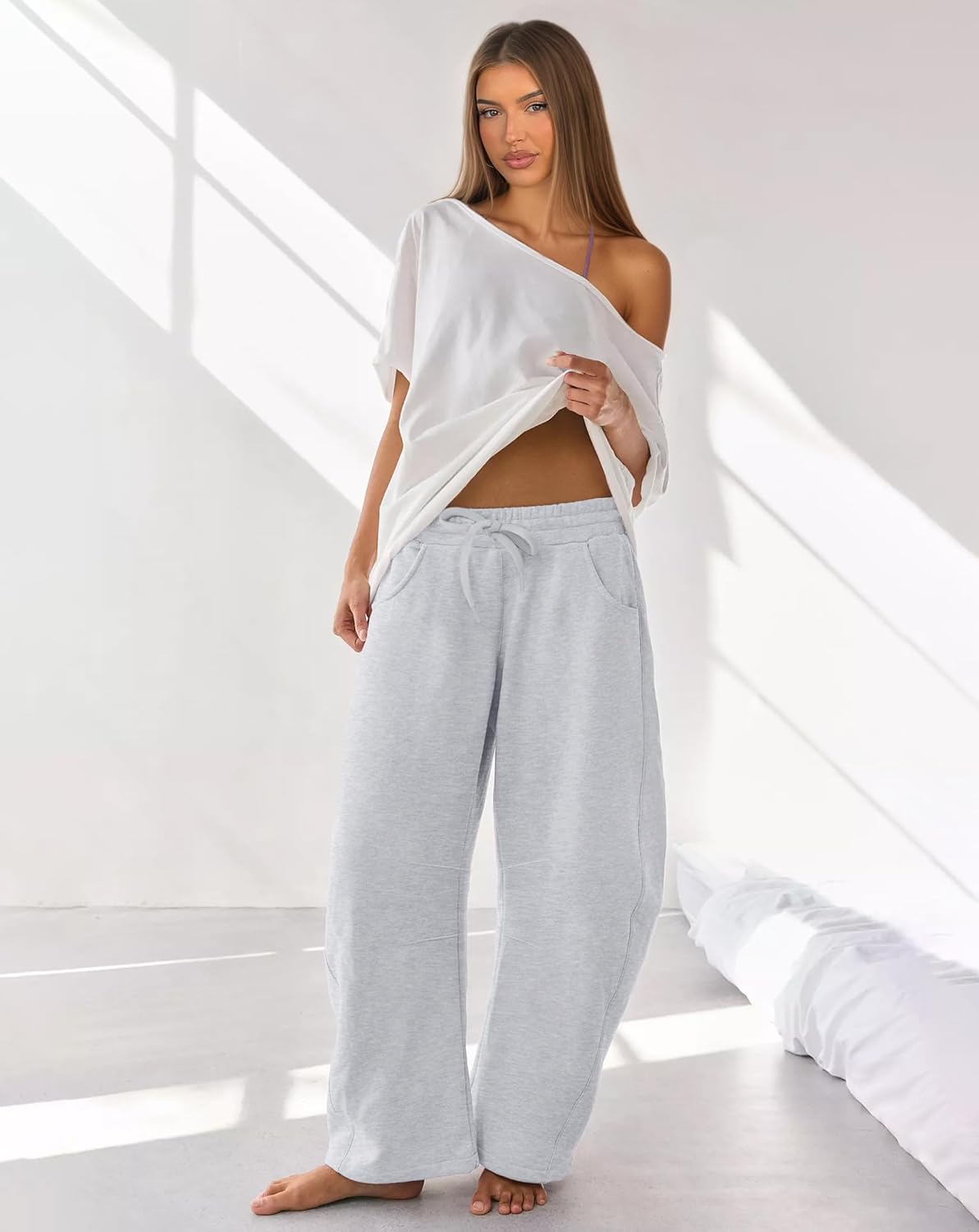 IWD Womens Sweatpants 2026 Baggy Wide Leg Pants Casual Elastic Waisted Drawstring Barrel Sweat Pants with Pockets - Image 6