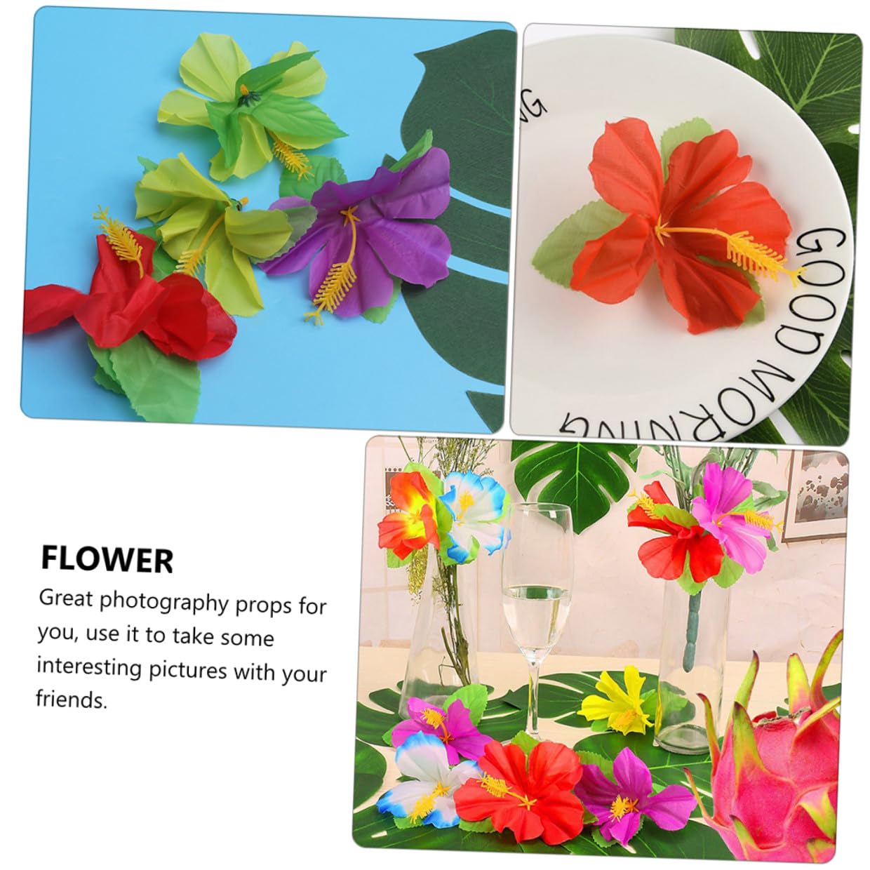 Hawaii Kunstblumen und Verschiedene Anlässe für Zuhause Zufällige Farbe 72 Stück aus Stoff Tropische Blumendekoration und Fotorequisiten Kunstblumendekoration für Sommerfest