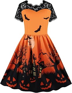 Halloween Lace Dress for Women Vintage Swing Print Short Sleeves Party Dresses S-XXL