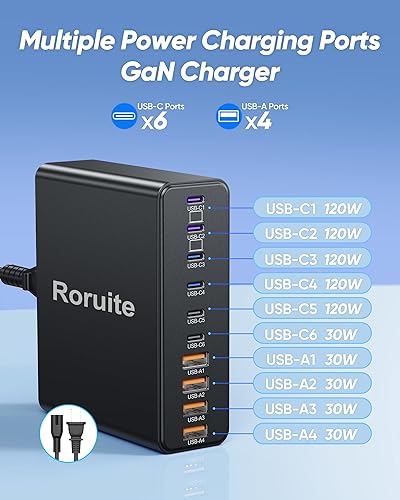 Miniatura 4 de Estación de carga USB C de 800 W, 120 W PD GaN5 cargador USB C súper rápido, bloque de 10 puertos, tipo C para PC, laptop, MacBook Pro/cargador de