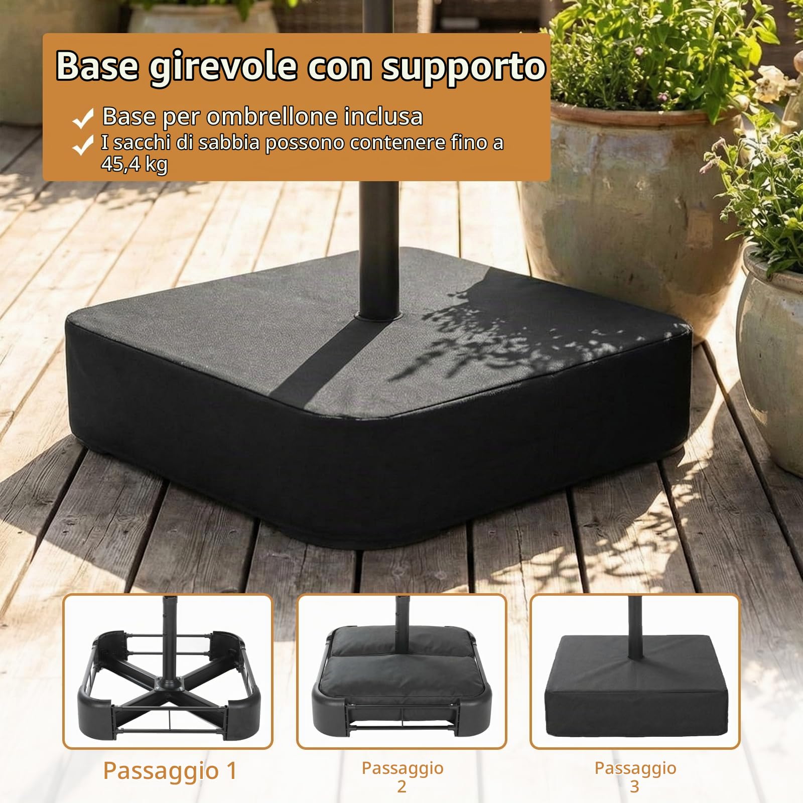 VOWNER Ombrellone da Giardino, Doppio da Patio Rettangolare, con Sistema di Apertura e Chiusura Manovella, con Base & Manovella, 4,4 x 2,6 m, per Giardino, Esterno, Beige