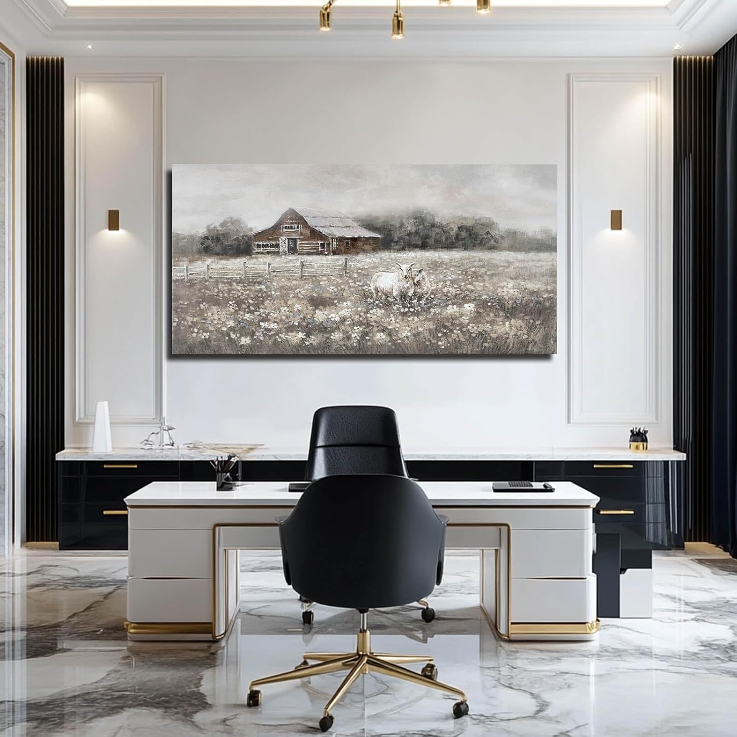 ZHENGYIN Large Country Barn Canvas Wall Art, Sheep Meadow Landscape Artwork, Rustic Farmhouse Wall Decor for Living Room Dining Room, Above Sofa, 24x48 Inch - Image 6