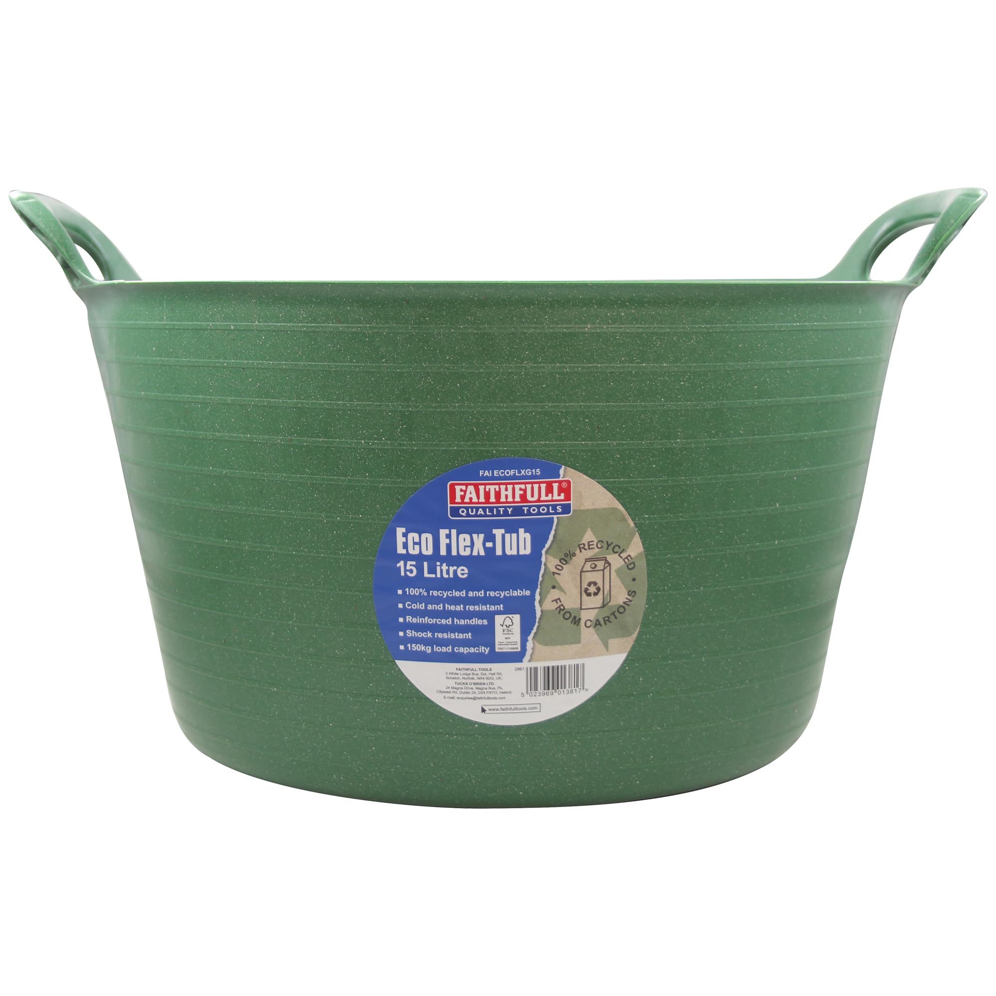 Faithfull Eco Flex Tub, Multi-Purpose, Durable & Sustainable Flexible Bucket with Reinforced Handles – 15 Litre (3gl), Green