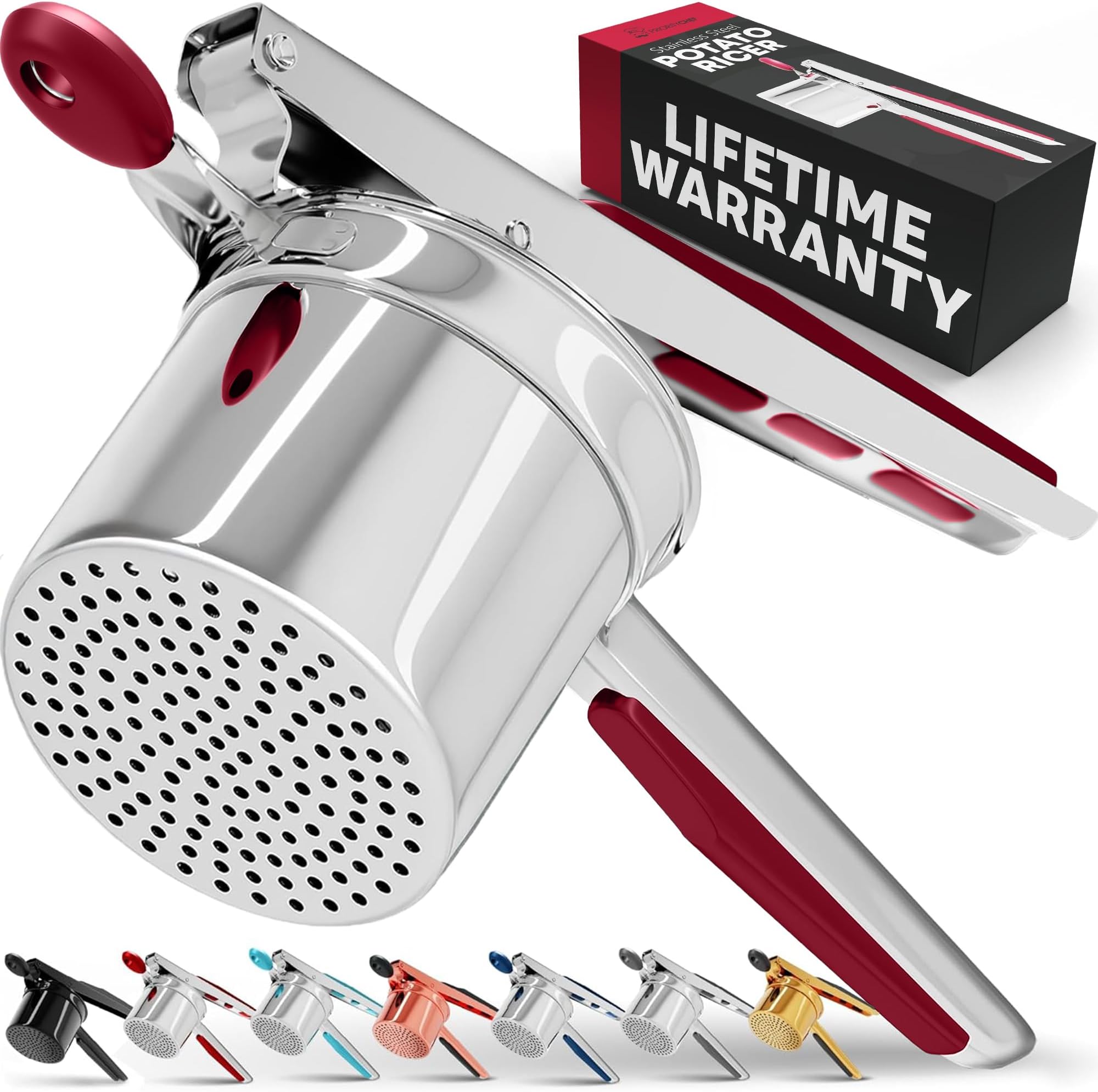 PriorityChef Large 15oz Potato Ricer, Heavy Duty Stainless Steel Potato Masher and Ricer Kitchen Tool, Press and Mash Kitchen Gadget For Perfect Mashed Potatoes - Everytime, Red