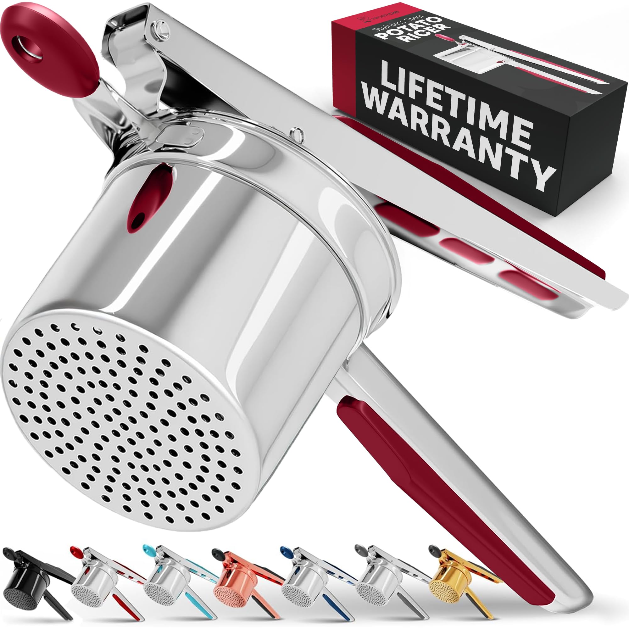 PriorityChef Large 15oz Potato Ricer, Heavy Duty Stainless Steel Potato Masher and Ricer Kitchen Tool, Press and Mash Kitchen Gadget For Perfect Mashed Potatoes - Everytime, Red
