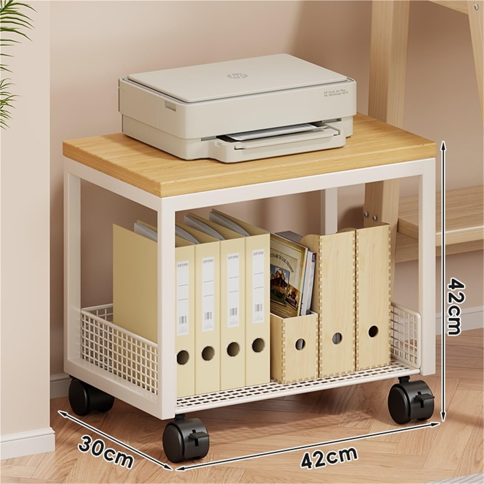 Tavolo per Stampante Supporto for Stampante Portatile da Pavimento, Organizer for File, Archiviazione in Ufficio Supporto per Stampante(White,42x30x42cm)
