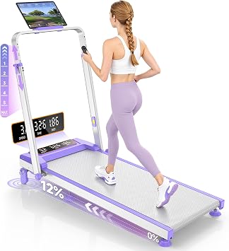 Walking Pad Treadmill with 12% Incline & Adjustable Height, 4 in 1 Walking Pad with Handle Bar, 3.5HP Foldable Under Desk Treadmill, Portable Treadmills for Home 350LBS, APP & Remote Control, Purple