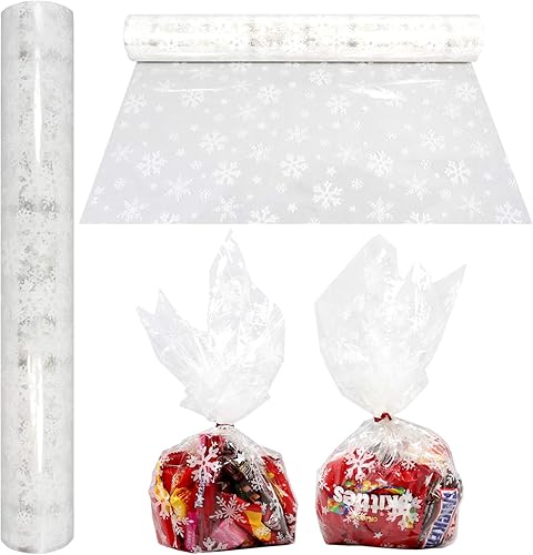 AnapoliZ Rollo de celofán navideño  100 pies de largo x 16 pulgadas de ancho  2.3 mil de grosor transparente con copos de nieve  Regalos, cestas,