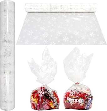 AnapoliZ Christmas Cellophane Wrap Roll | 100 Ft. Long X 16 in. Wide | 2.3 Mil Thick Crystal Clear with Snowflakes| Gifts, Baskets, Treats, Cello Wrapping Paper | Xmas Snowflakes Holiday Design