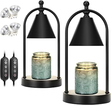 2 Packs Candle Warmer Lamp with Timer, Electric Black Candle Warmer Light for Bedroom, Dimmable Wax Melts Warmer for Candle Jars, Home Decor Beside Lamp Gifts for Women