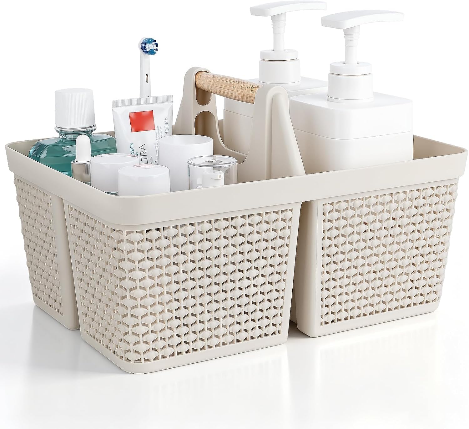 UUJOLY Portable Plastic Shower Caddy Basket with Wooden Handle, Beige