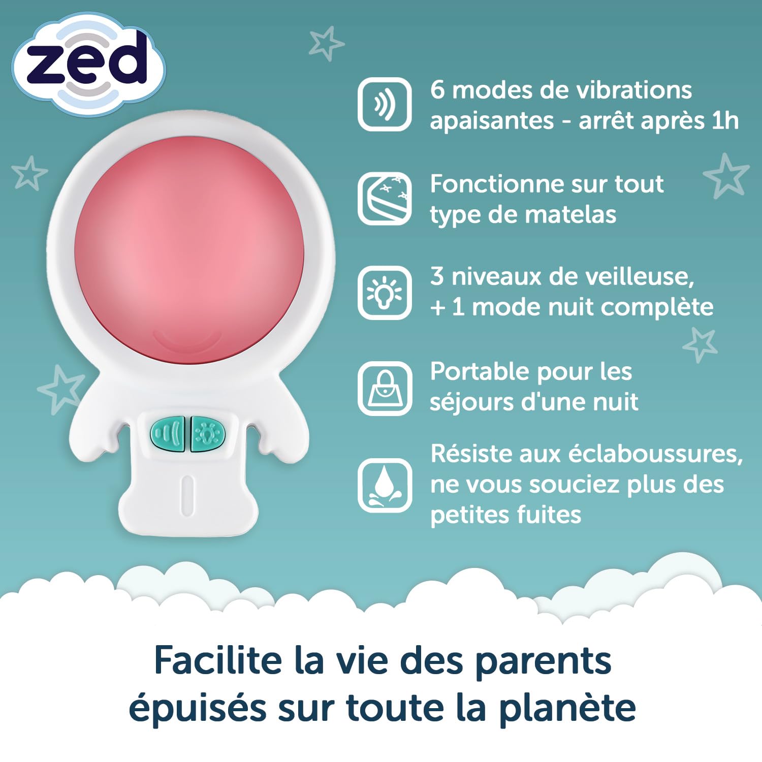 Zed par Rockit - Aide Votre Bébé à s’Endormir, 6 Modes de Vibration, Fonctionne sur Tout Matelas, Aide au Sommeil de Bébé pour Berceaux, Couffins, Landaus, Panier Moïse, Lits Bébé Dès la Naissance