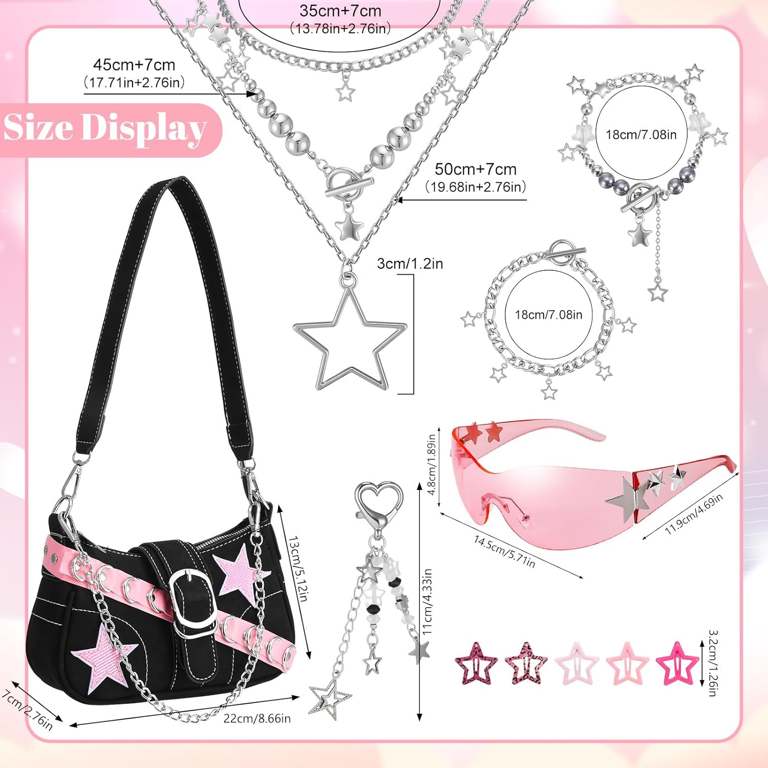 JATEBI Y2K Purse Shoulder Bag with Retro Sunglasses Layered Necklace Bracelet Hair Clips & Bag Charm, Accessories Set for Women Teens, Gift for Carnival Festival Concert Party - Image 7