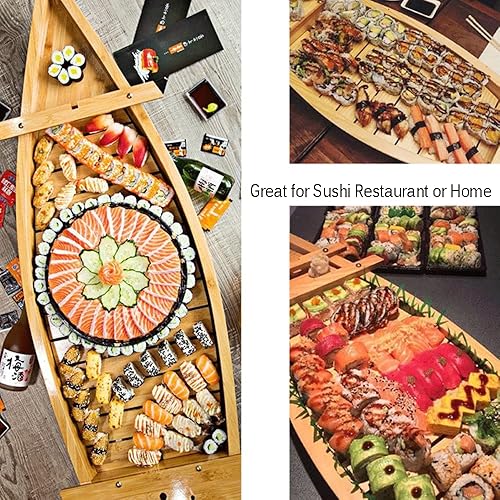 Miniatura 7 de Bandeja de madera para servir sushi de 24 pulgadas, plato grande para barco de sushi para fiesta de mariscos, ideal para restaurante de sushi o