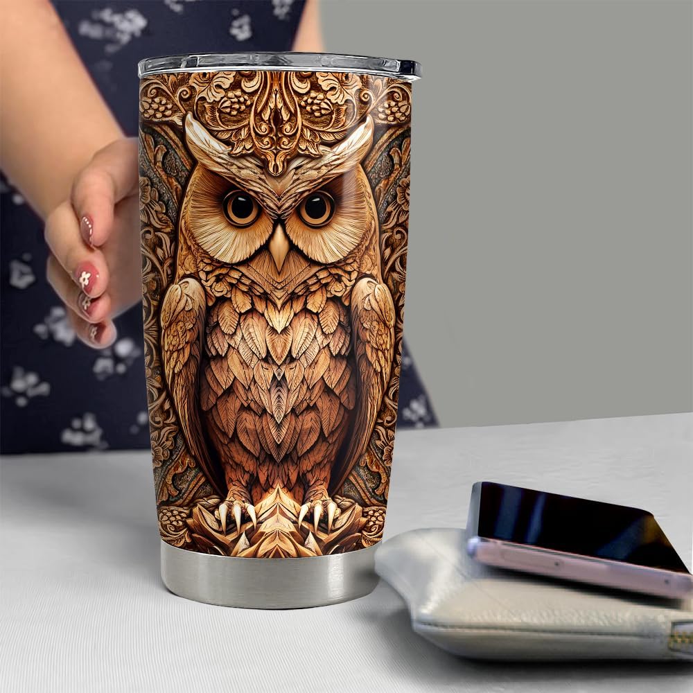 SANDJEST Owl Tumbler 20oz Stainless Steel Insulated Tumblers Coffee Travel Mug Cup Wood Drawing Style Owls Gifts for Women Men Gift for Birthday Christmas - Image 6