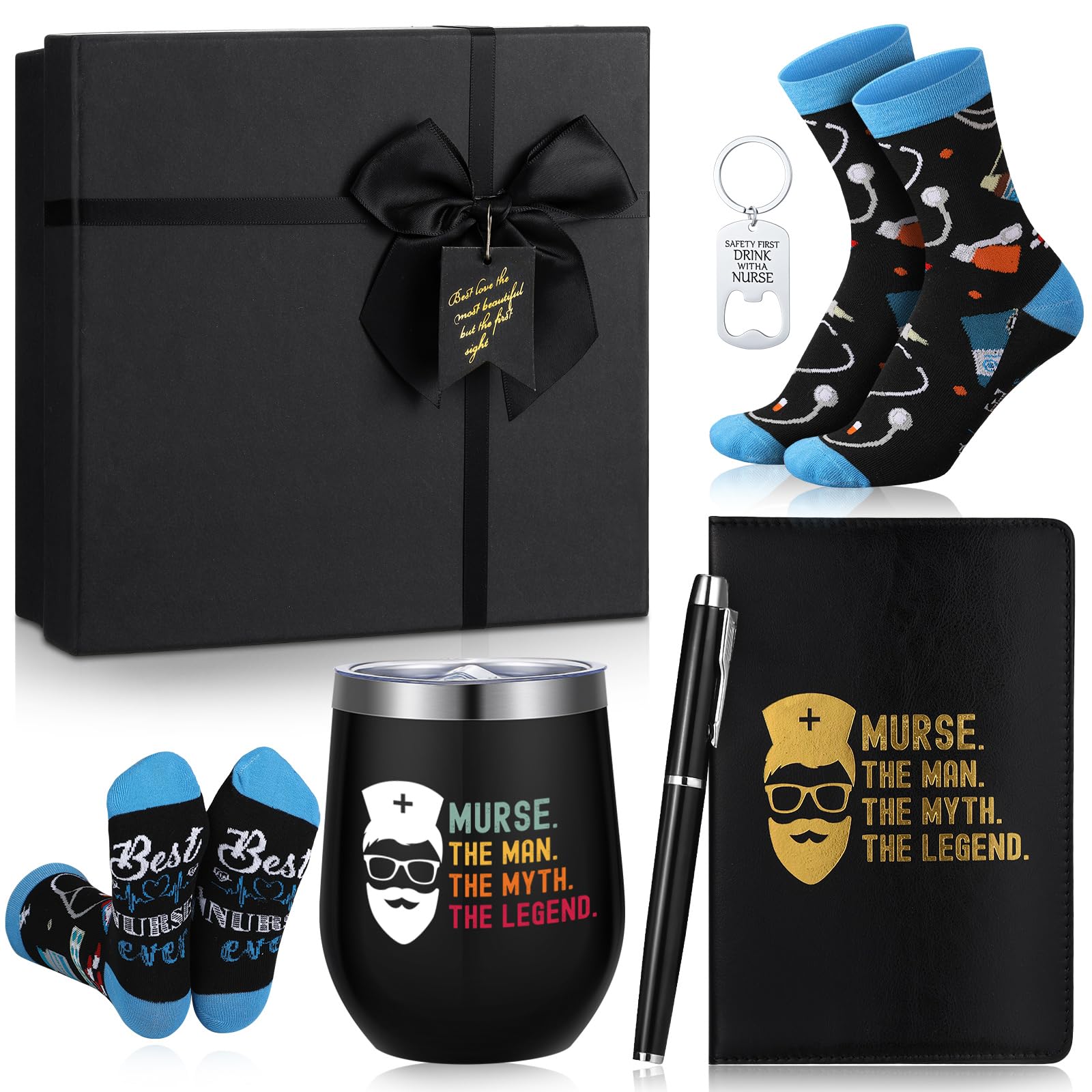 Reallnaive 6 Pcs Nurse Gifts for Men Nurse Week Appreciation Gifts 12 oz Stainless Steel Cup Socks Keychain Pen Notebook Box for Male Rn Cna Lpn Rg Practitioner Medical Assistant Nursing