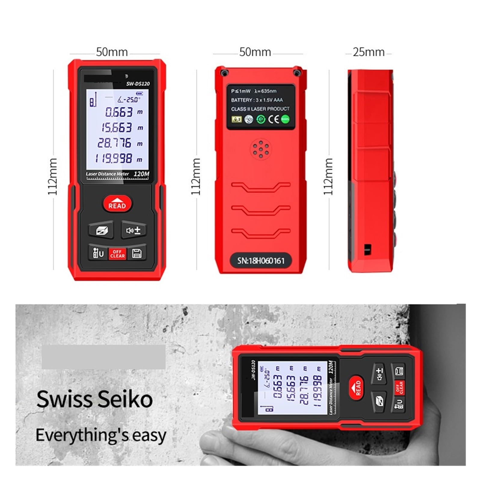 Telémetro láser 120m 100m 70m 50m Medidor de Distancia láser Ruleta electrónica Digital Rang Finder Trena Tape Lazer Measure Alta precisión(SW-DS100)
