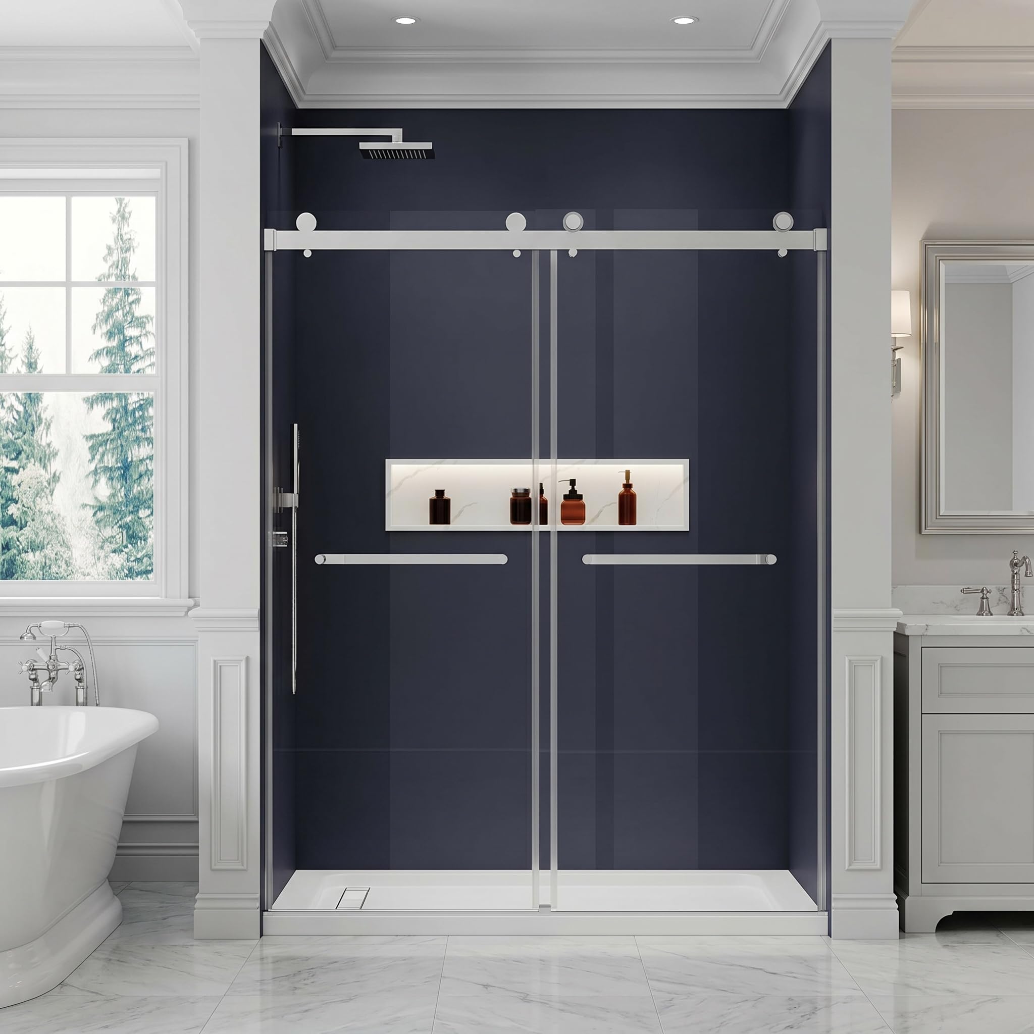 Photo 1 of JONIVRAT 56-60" W x 76" H Double Sliding Frameless Shower Glass Door, 5/16" (8mm) ANSI & SGCC Certified Tempered Glass with Double Nano Coating, Stainless Steel Hardware & Towel Rack (Bright Chrome)