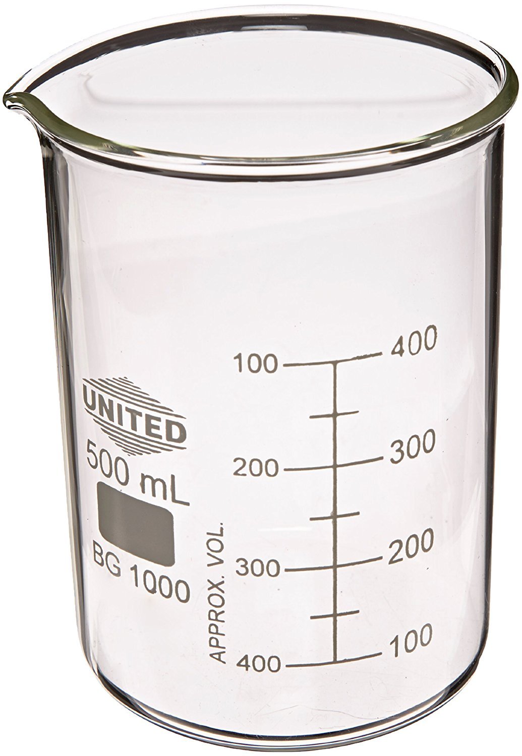 United Scientific BG1000-500 Borosilicate Laboratory Grade Glass Beakers, Griffin Low Form Beaker, Graduated with Spout, Designed for Laboratories & Chemistry Classrooms, 500mL, Pack of 6