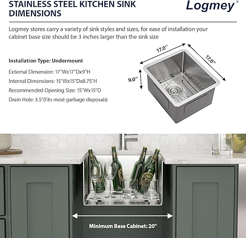 Miniatura 46 de Logmey Fregadero de barra de 21 pulgadas de acero inoxidable de 21 x 18 pulgadas, fregadero de barra pequeño de acero inoxidable de calibre 16