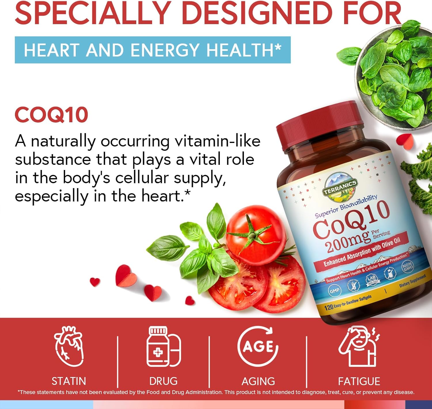 Terranics CoQ10 200mg, Coenzyme Q10 Supplement with Extra Virgin Olive Oil for Enhanced Absorption, Made in USA, Supports Heart Health, Antioxidant Protection, Energy Production, Non-GMO, 240 Softgels