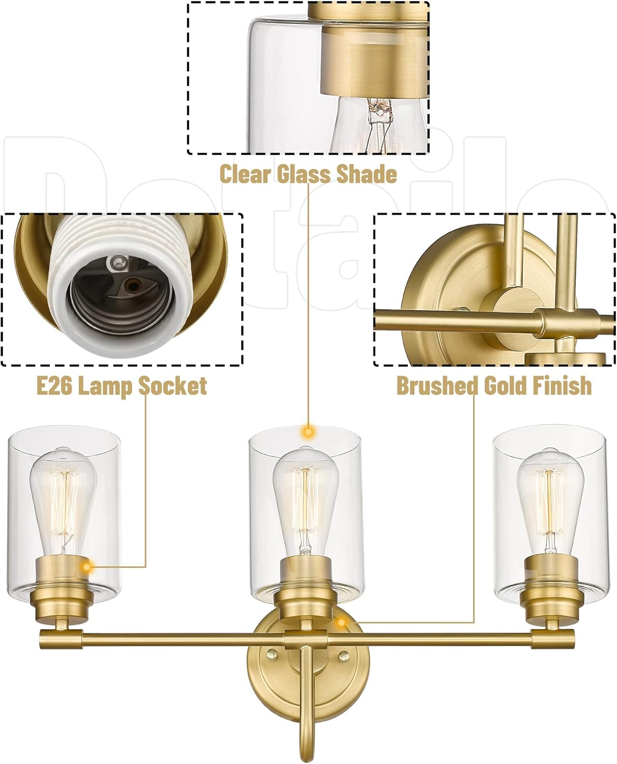 AKEZON Gold Bathroom Light Fixtures, 3-Light Vanity Light Over Mirror Lighting with Cylinder Glass Shade, KW-7306-3