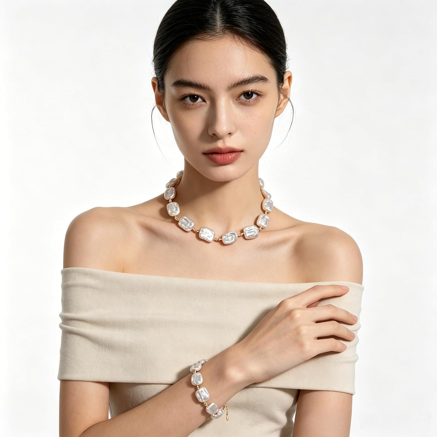 Natural Cultured Square Baroque Pearl Necklace & Bracelet Set for Women Fashion Jewelry.
