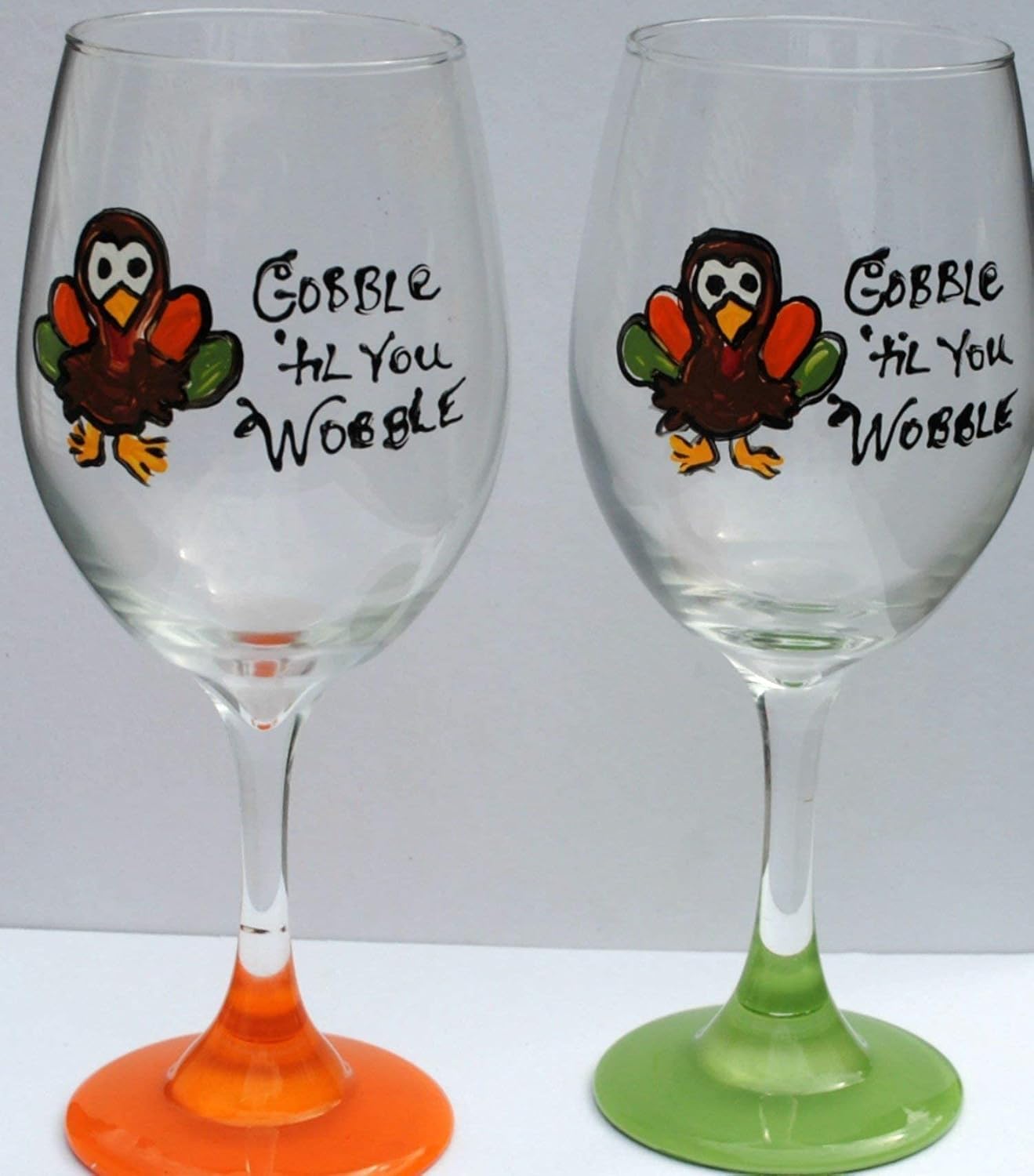 Thanksgiving Turkey Orange Green Gobble Til You Wobble Hand Painted Wine Glasses Set of 2